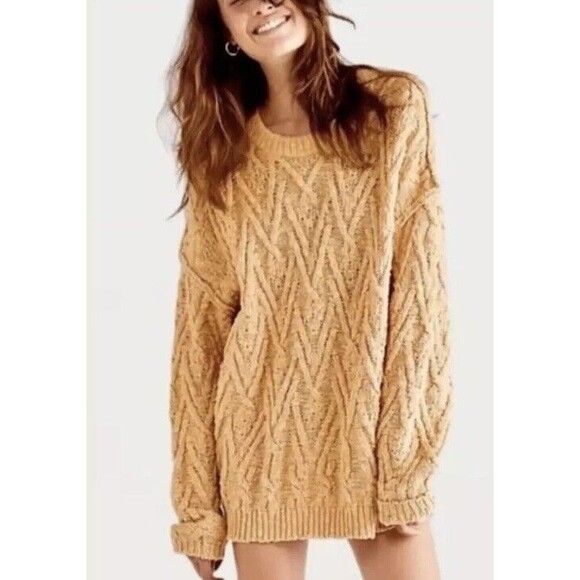 Free People Sweater Womens XS Tan Isla Cable Stitch Chunky Knit Tunic Oversized - Picture 1 of 12